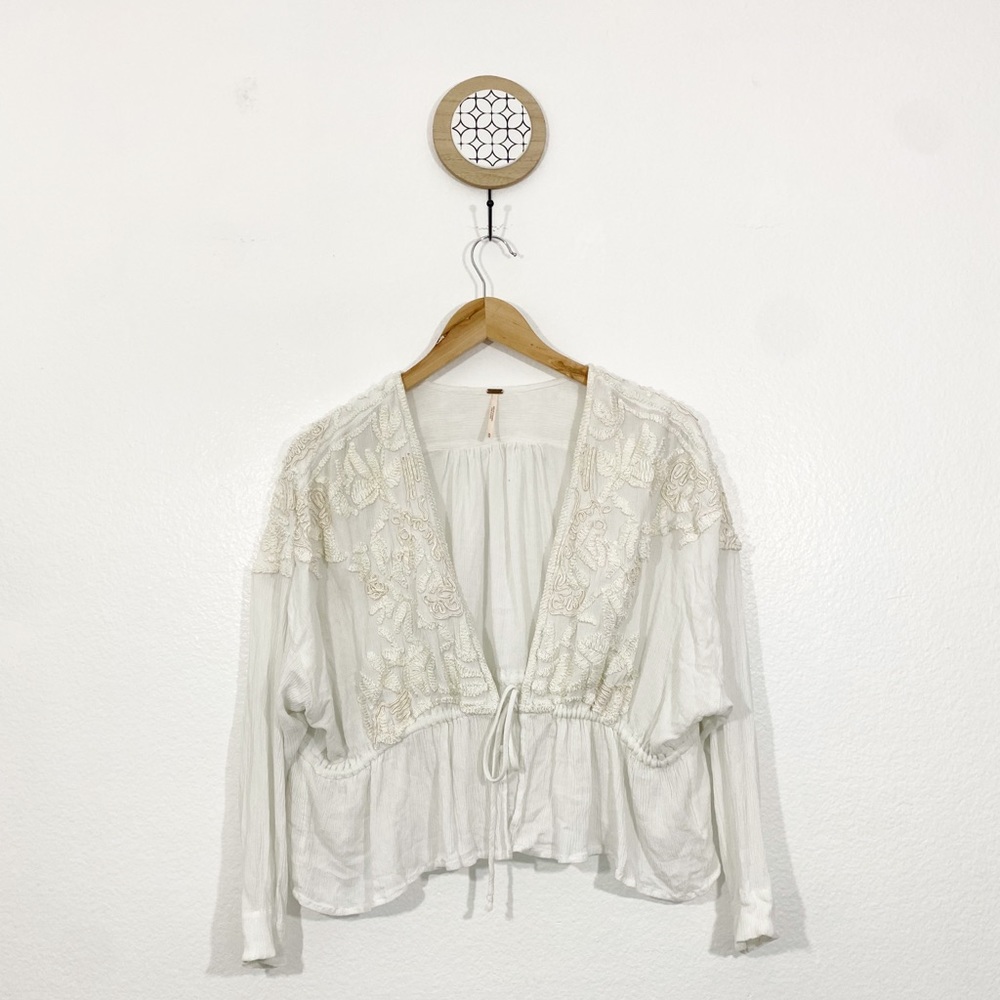Free People White Embroidered Tie Front Light and Airy Boho Peasant Top